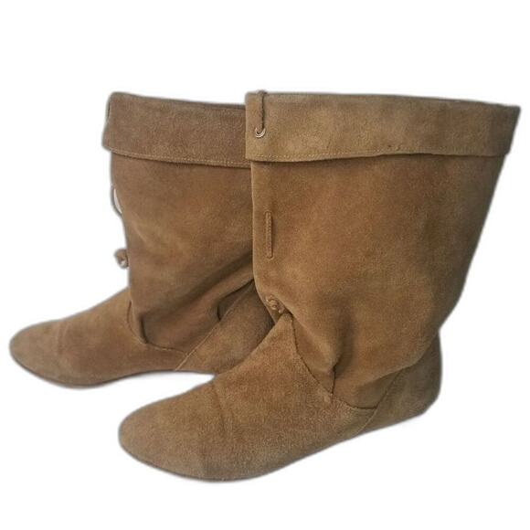 1980s Vintage Brown Suede Folded Slide On Slouch Wide Leg Almond Toe Boots 7M - Picture 1 of 9